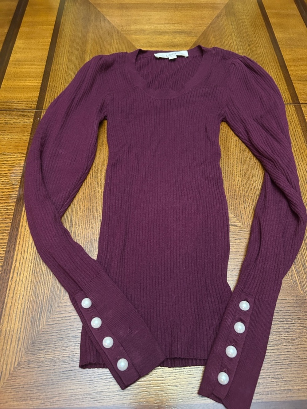 Loft Ribbed Long Sleeve Sweater with Pearl Button Cuffs - Deep Plum